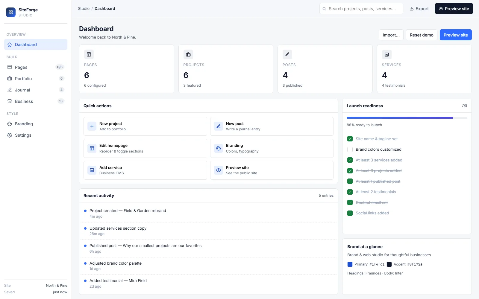 SiteForge Studio dashboard